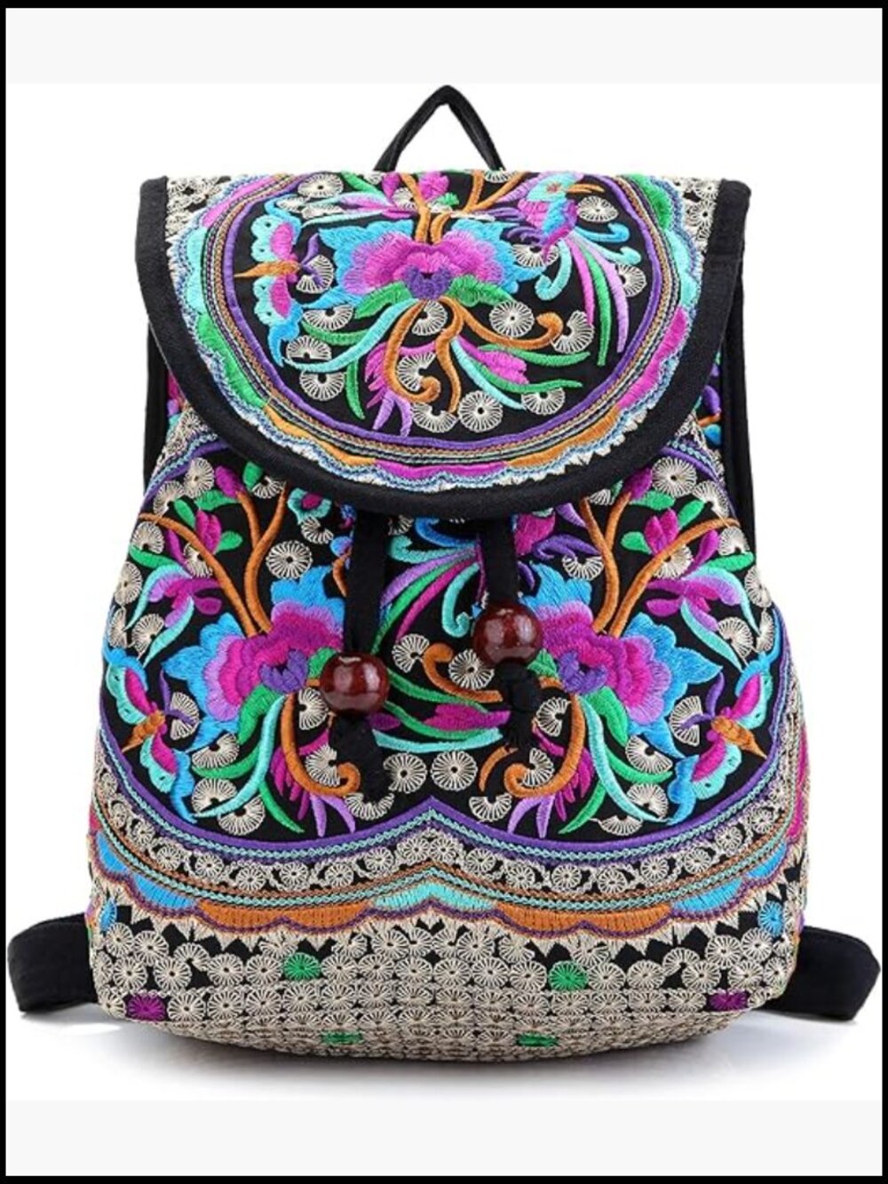 Floral Embroidery Canvas Drawstring Backpack Vintage Daypack Travel Shoulder Bag